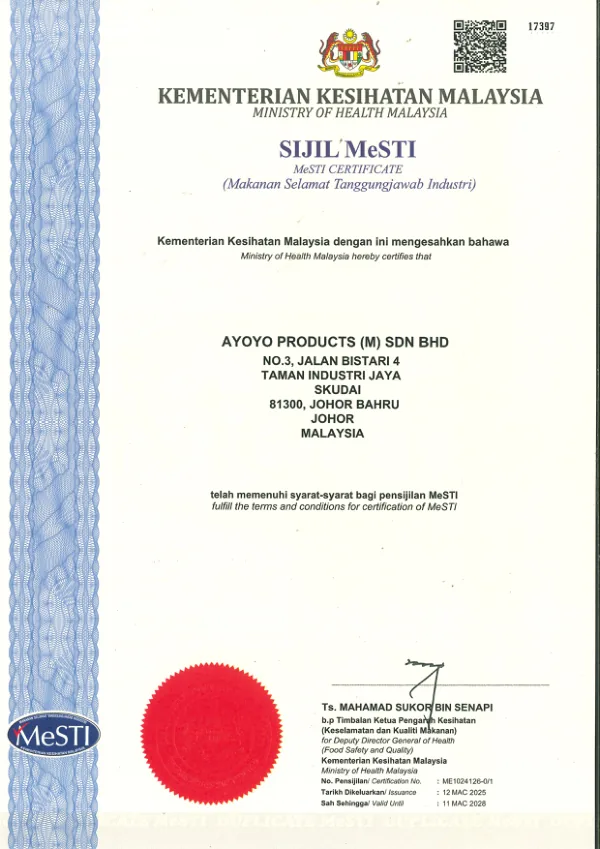 Official MeSTI · Food Safety certificate issued for Ayoyo Products
